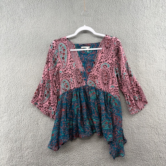 Floreat Anthropologie Silk Velvet Burnout Paisley Babydoll Top Small Boho - Picture 2 of 14